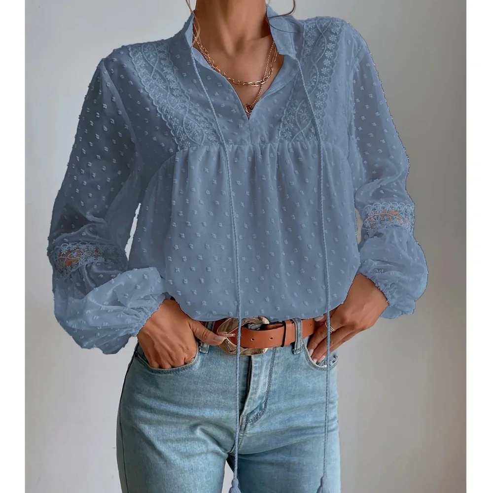 Swiss Dot V neck Tassel Tie Semi Sheer Long sleeve Top